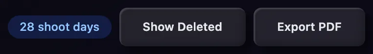 The shoot day count, Show Deleted and Export PDF