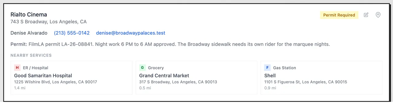 A location on the call sheet with Permit Required, edit and scout buttons