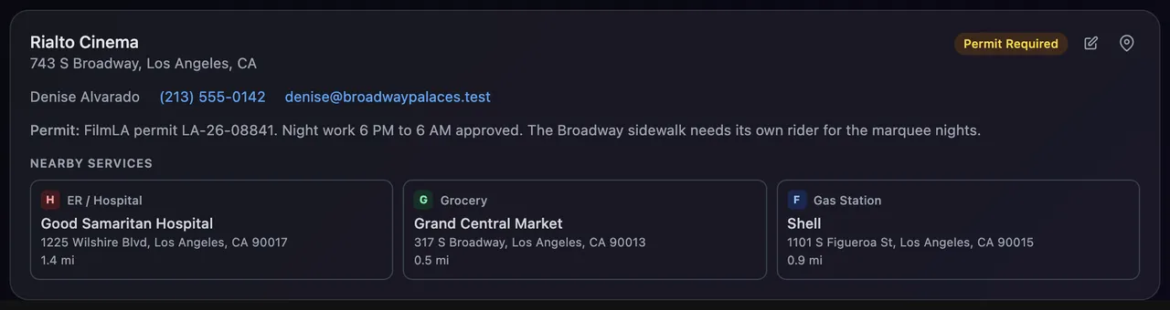 A location on the call sheet with Permit Required, edit and scout buttons