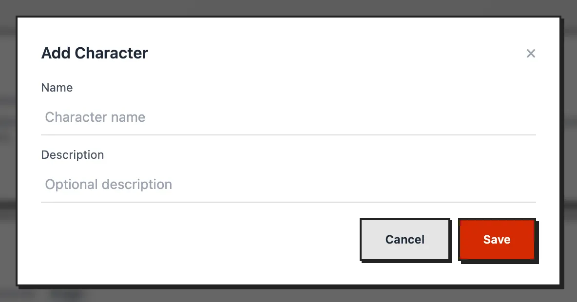 The Add Character form with Name and Description fields