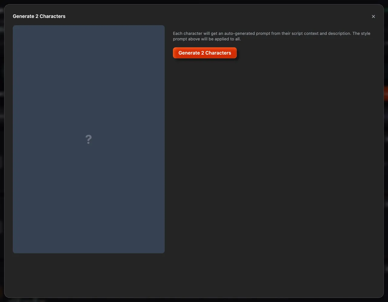 The Generate 2 Characters window with a note on how each prompt is built and the Generate 2 Characters button