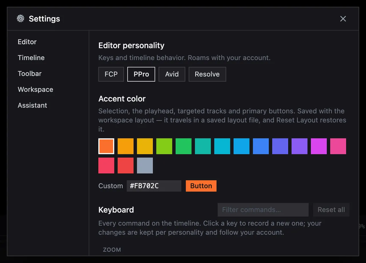 The personality buttons in the editor's settings