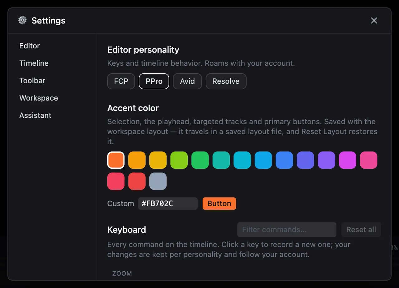 The personality buttons in the editor's settings