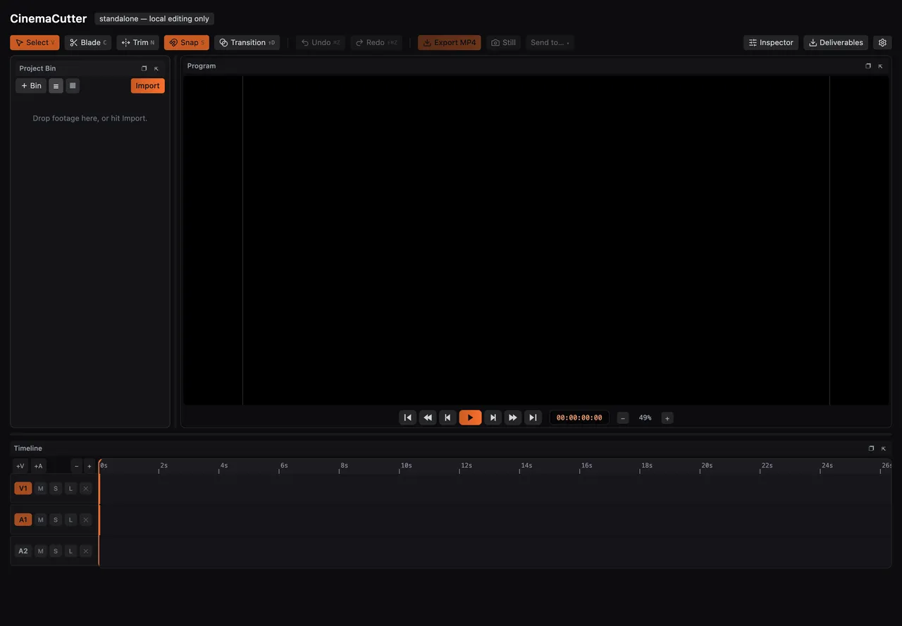 CinemaCutter with the Project Bin, the Program monitor, the timeline and the toolbar