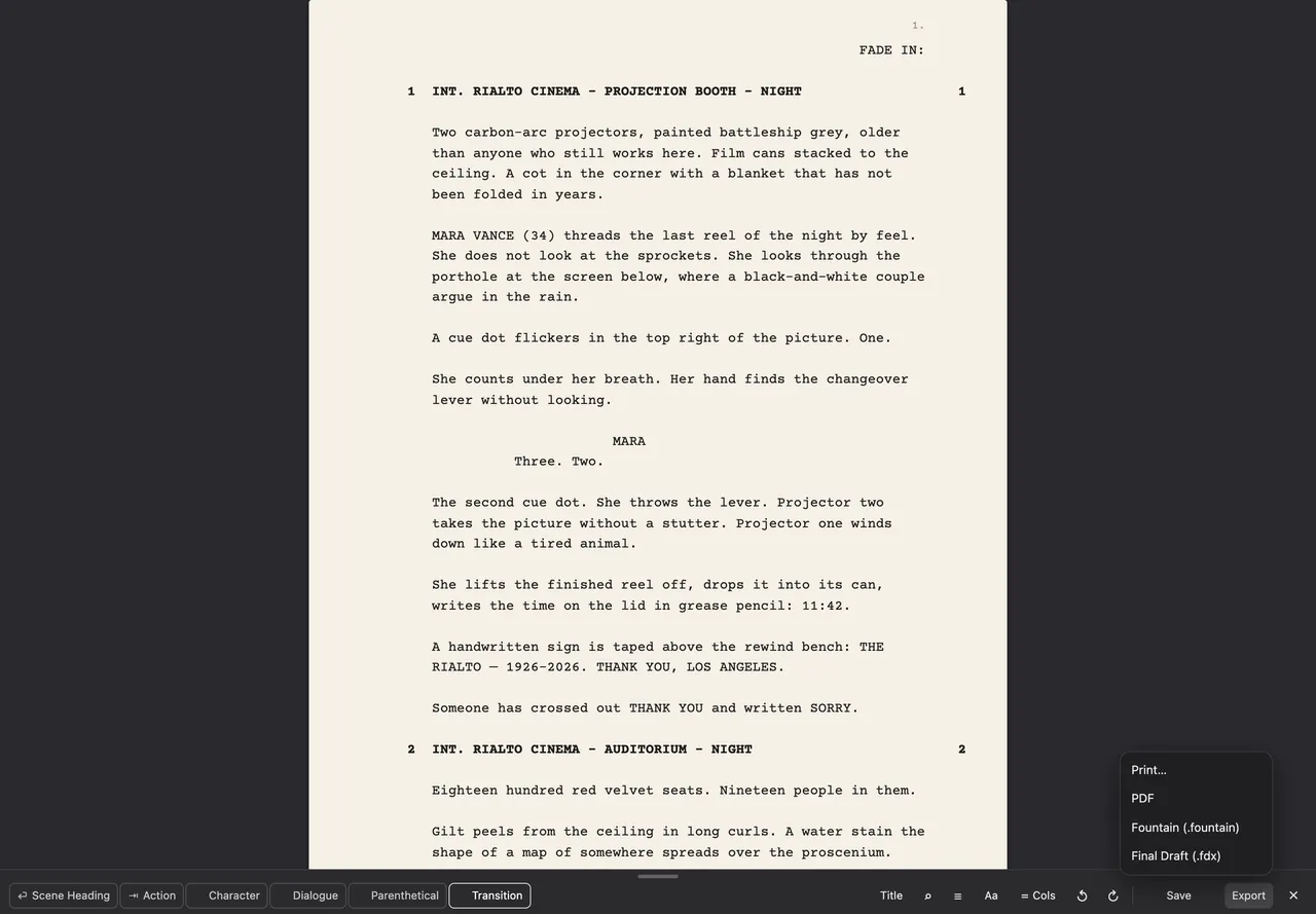 The Export menu: Print, PDF, Fountain and Final Draft