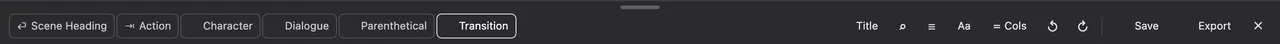 The format bar: the six elements, then Title, find, scenes, settings, Cols, undo, redo, Save and Export