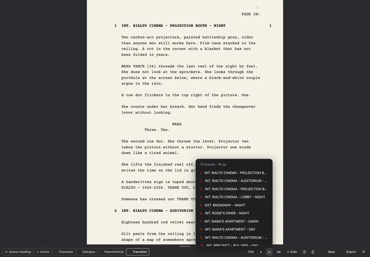 The scene list open above the format bar