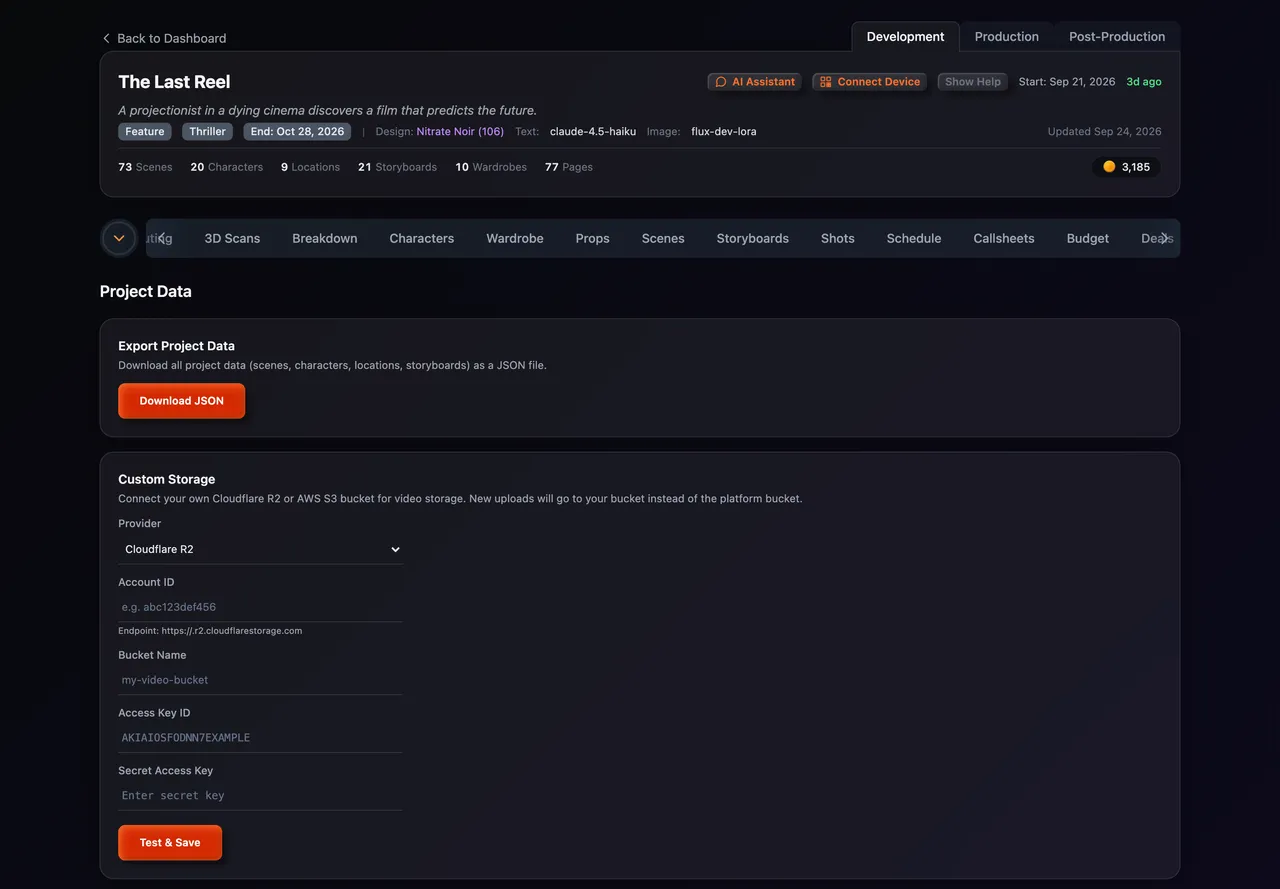 The Data tab with Export Project Data, Custom Storage and Delete Project