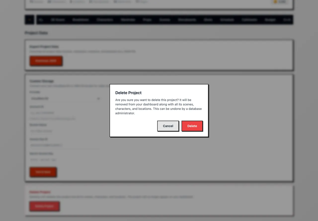 The Delete Project confirmation window with Cancel and Delete