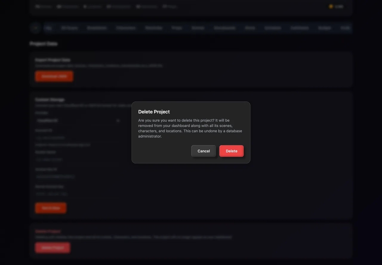 The Delete Project confirmation window with Cancel and Delete