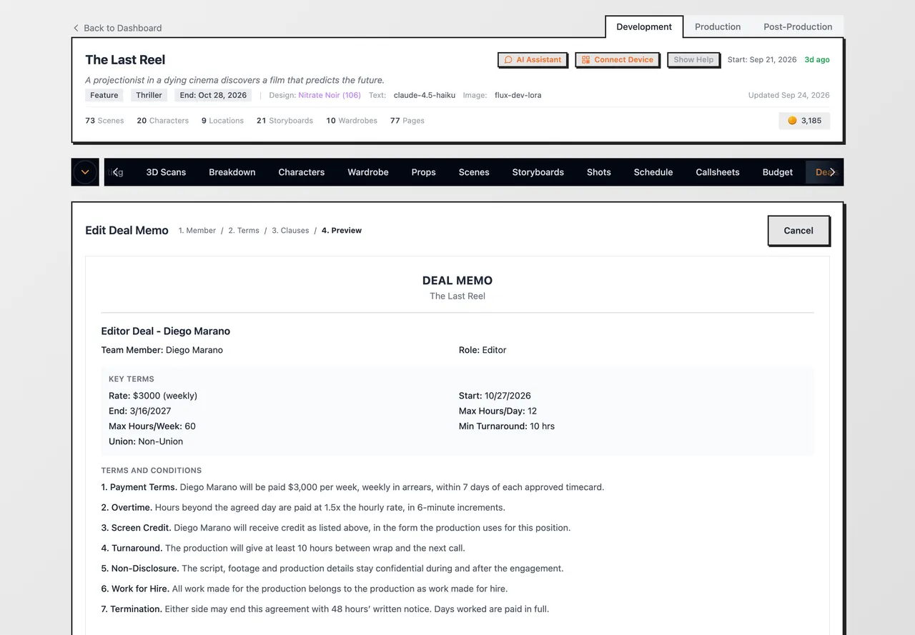 Step 4, the memo preview with key terms and signature lines