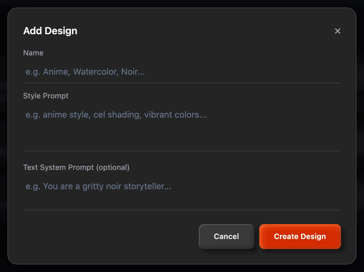 The Add Design form with Name, Style Prompt and Text System Prompt fields