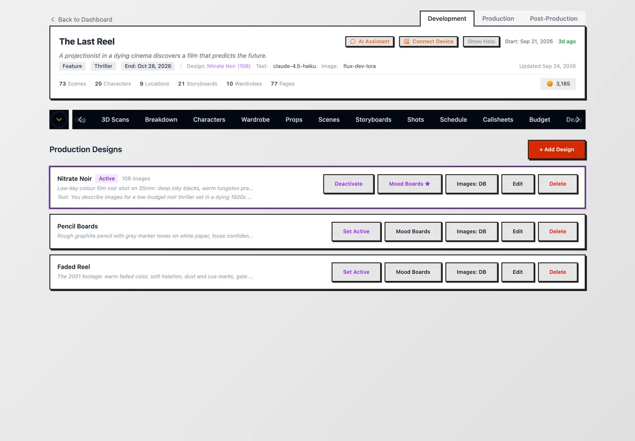 The Designs tab with Nitrate Noir marked Active and two other designs