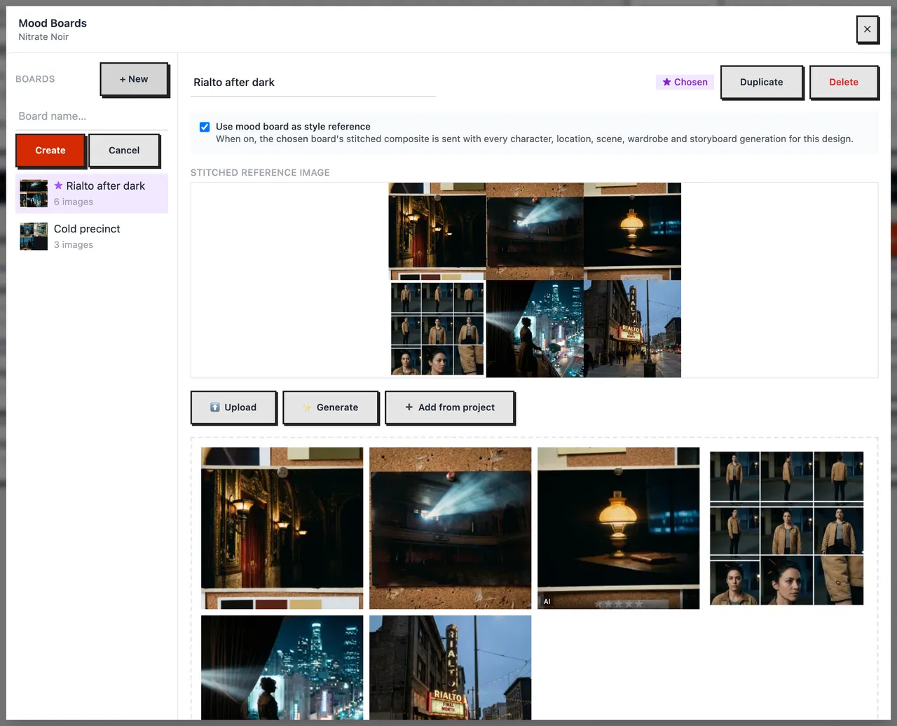 The Mood Boards window with the new-board name box, Create and Cancel