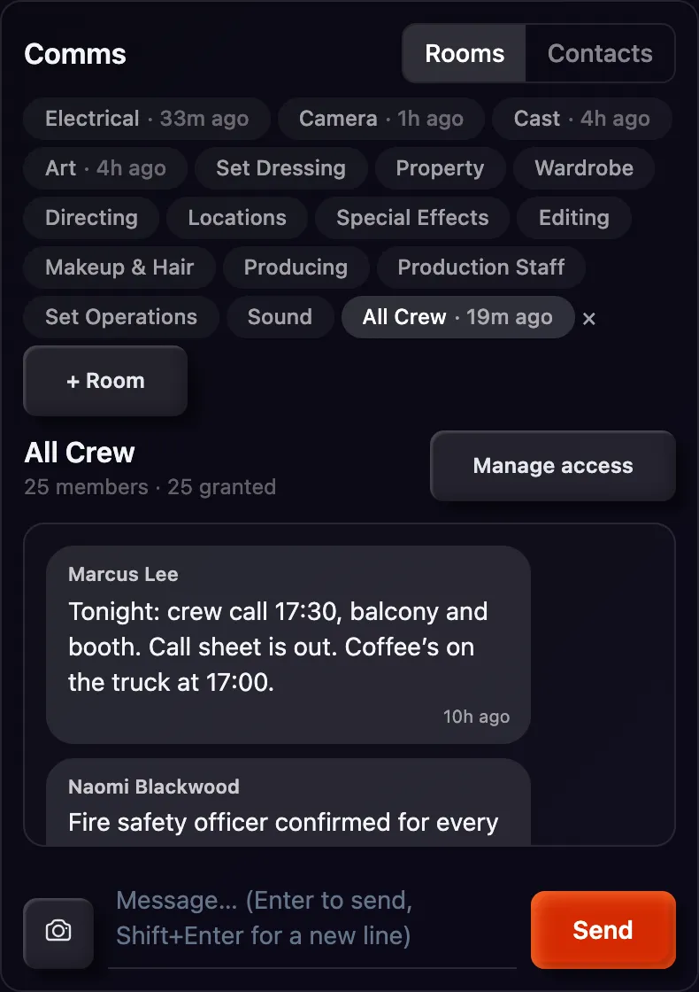Comms next to the map, with room chips and the All Crew thread