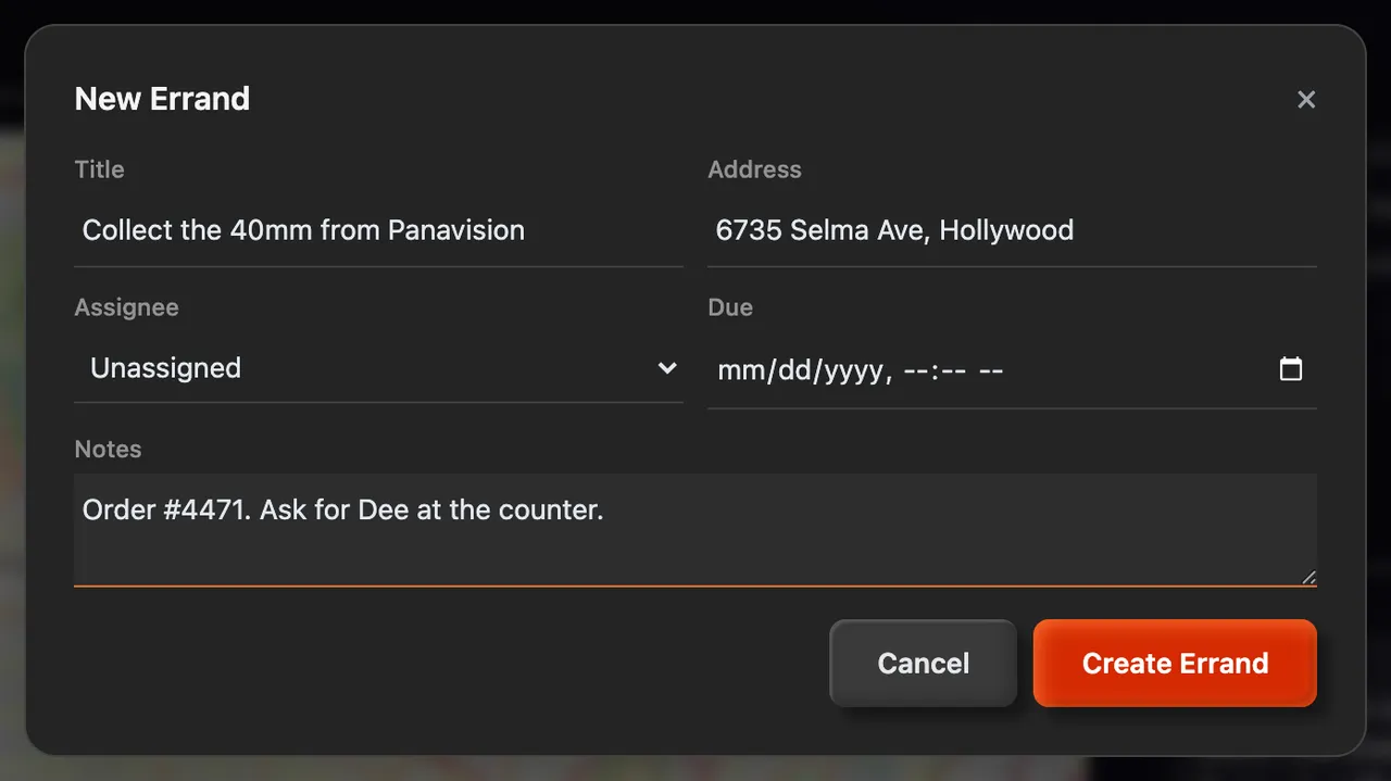 The New Errand form with a title, an address and notes filled in