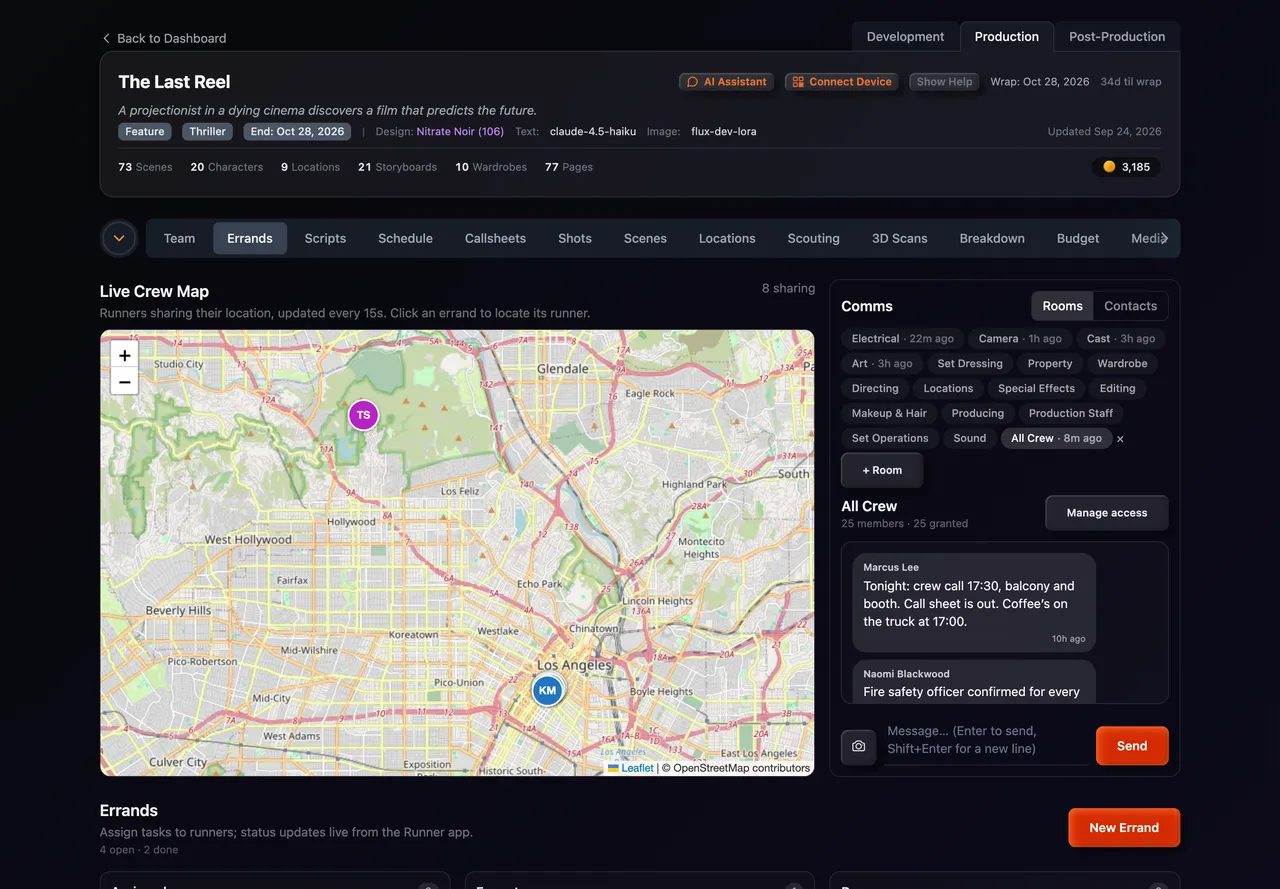 The Errands tab with the crew map, comms and the errands board