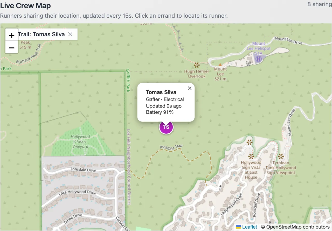 The crew map zoomed in on one runner, with a Trail chip in the corner