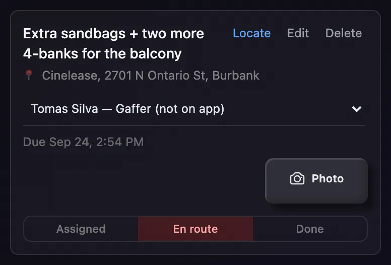 An errand card with its list of crew open for a new assignee