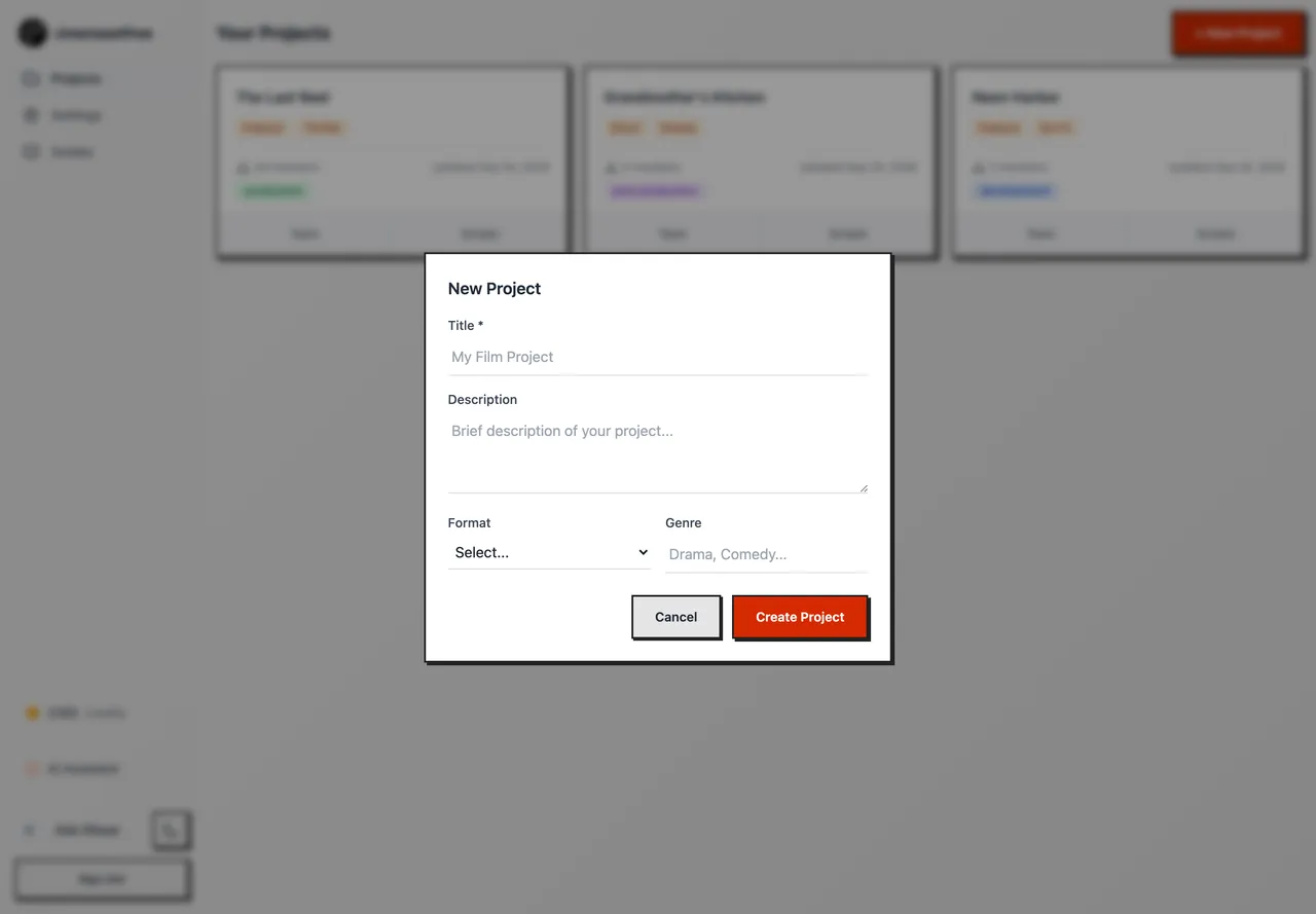 The New Project form with Title, Description, Format and Genre