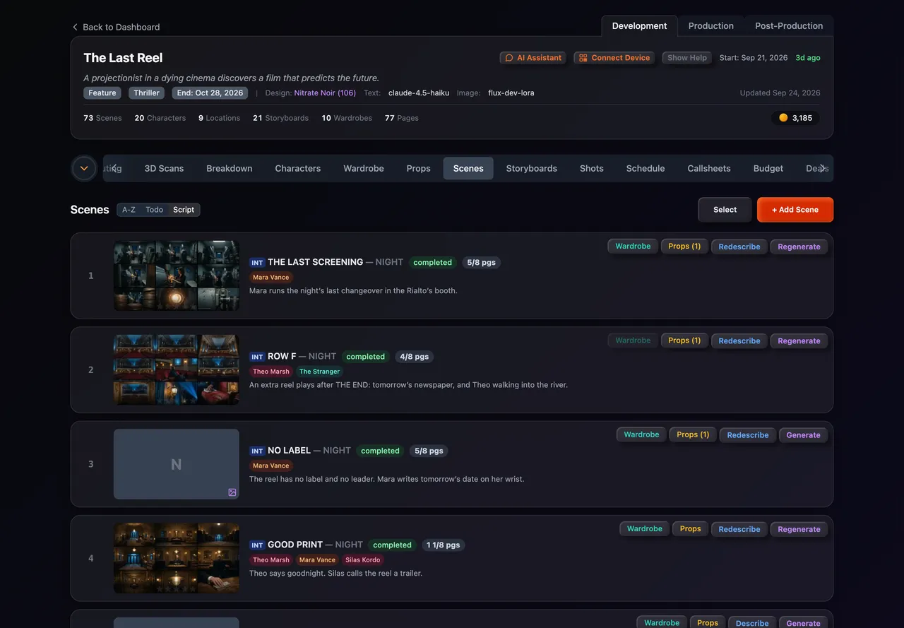 The Scenes tab filled in from an imported screenplay