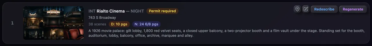 The Rialto Cinema row: INT, NIGHT, Permit required, 38 scenes, D: 10 pgs, N: 24 6/8 pgs, and the pin, pencil, Redescribe and Regenerate buttons