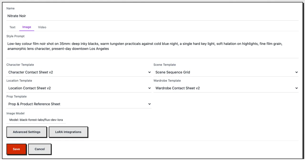 The Image tab with flux-dev-lora picked and the LoRA Integrations button next to Advanced Settings