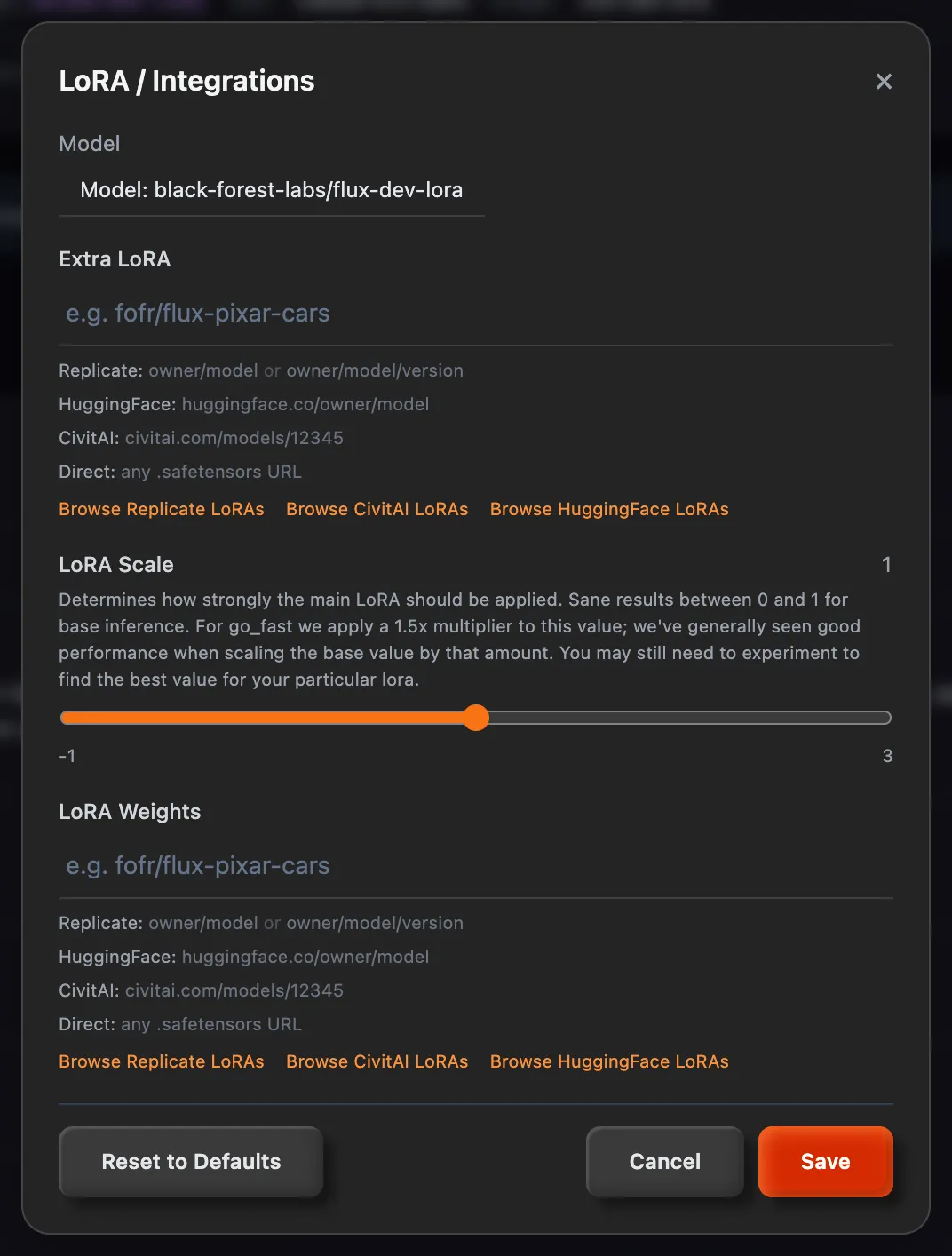 The LoRA / Integrations window with Extra LoRA, LoRA Scale and LoRA Weights