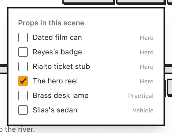 Props in this scene for scene 1, with the hero reel ticked