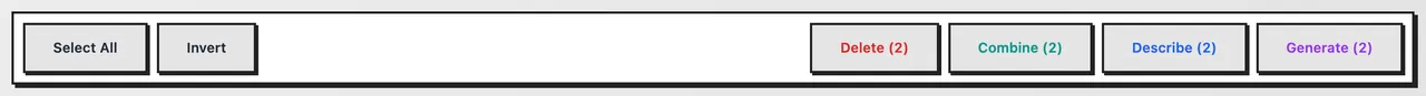 The select bar with Select All, Invert, Delete (2), Combine (2), Describe (2) and Generate (2)