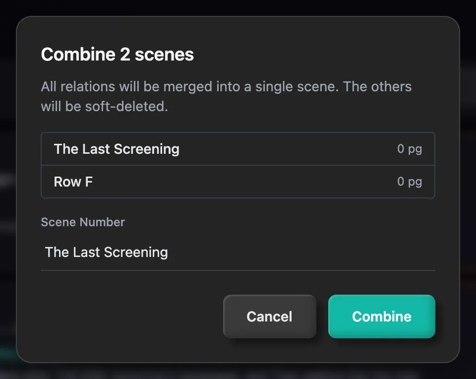 The Combine 2 scenes window with the two scenes listed and a Scene Number box