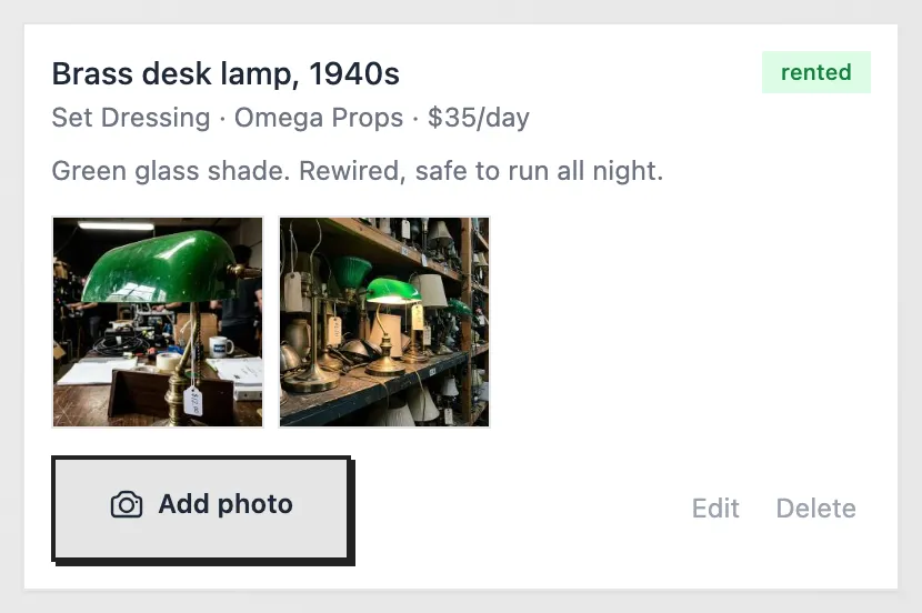 A rented desk lamp with two photos