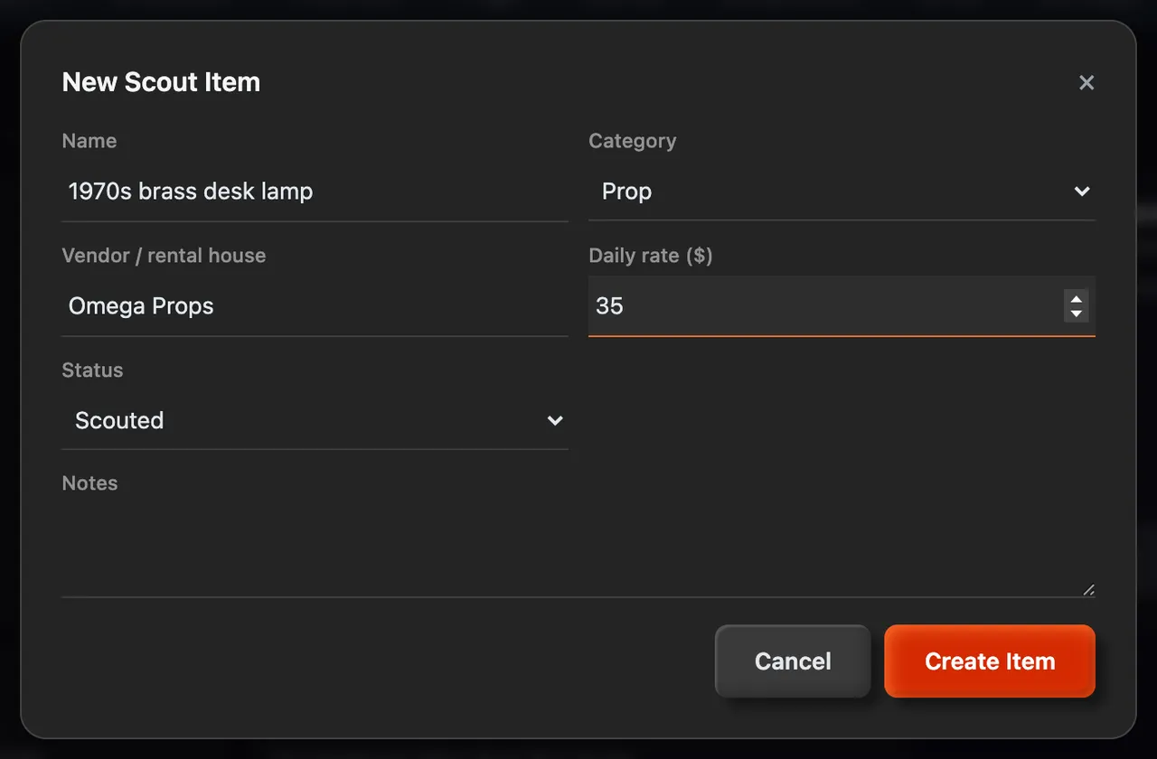 The New Scout Item form, filled in for a desk lamp