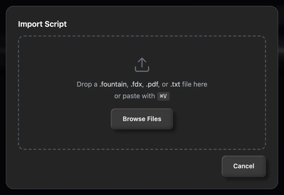 The import window waiting for a screenplay