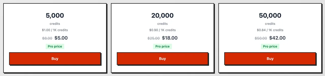 Three credit packs with plus and minus buttons, and the order total under them