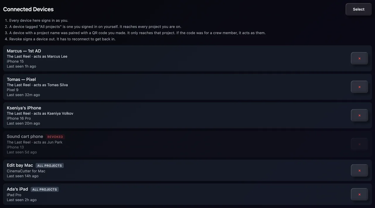 The Devices tab, with the project and crew member on each paired device