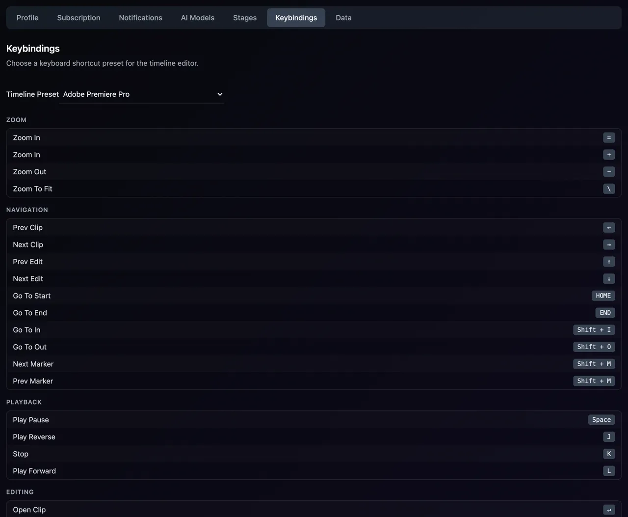 The Keybindings tab with the Timeline Preset menu and the list of keys