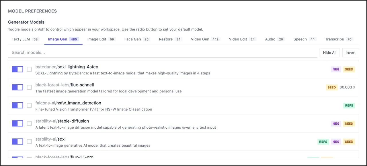 Model Preferences with category tabs, the search box, Hide All and Invert, and a list of models with switches