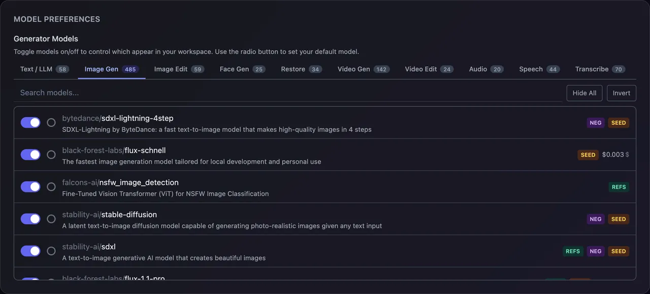 Model Preferences with category tabs, the search box, Hide All and Invert, and a list of models with switches