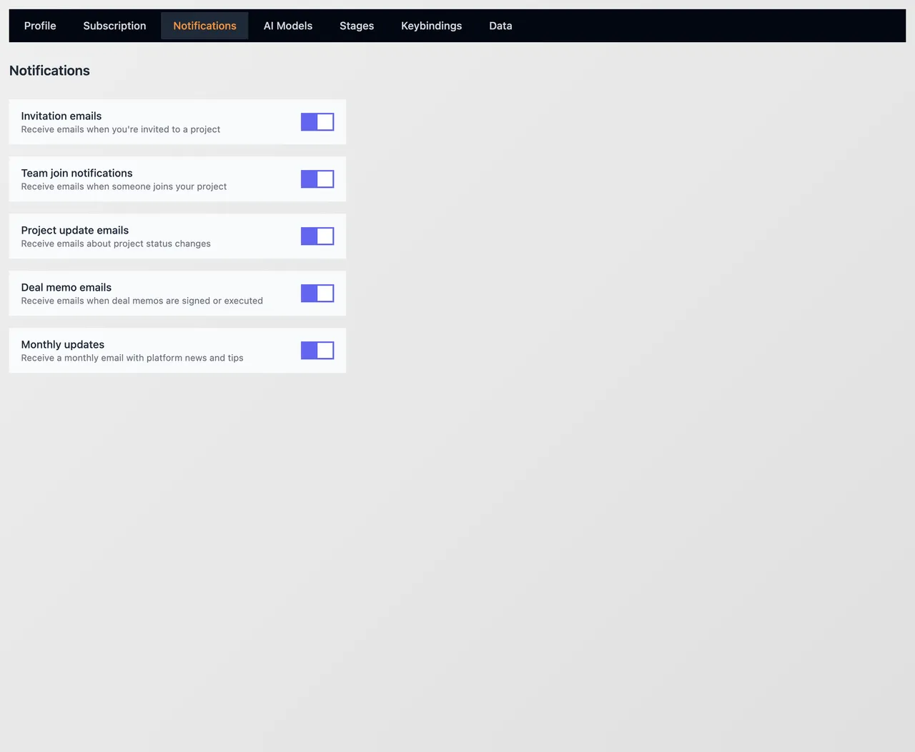 The Notifications tab with five email switches