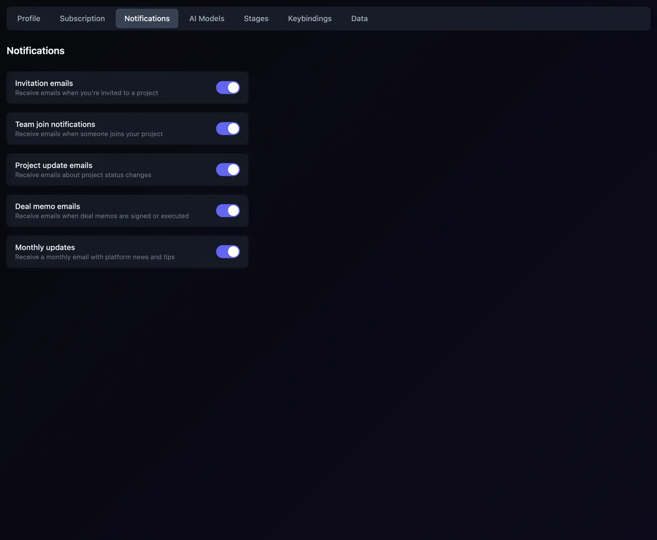 The Notifications tab with five email switches