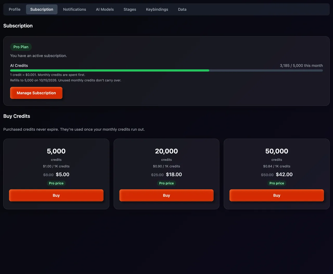 The Subscription tab with your plan on the left and your credit balance on the right