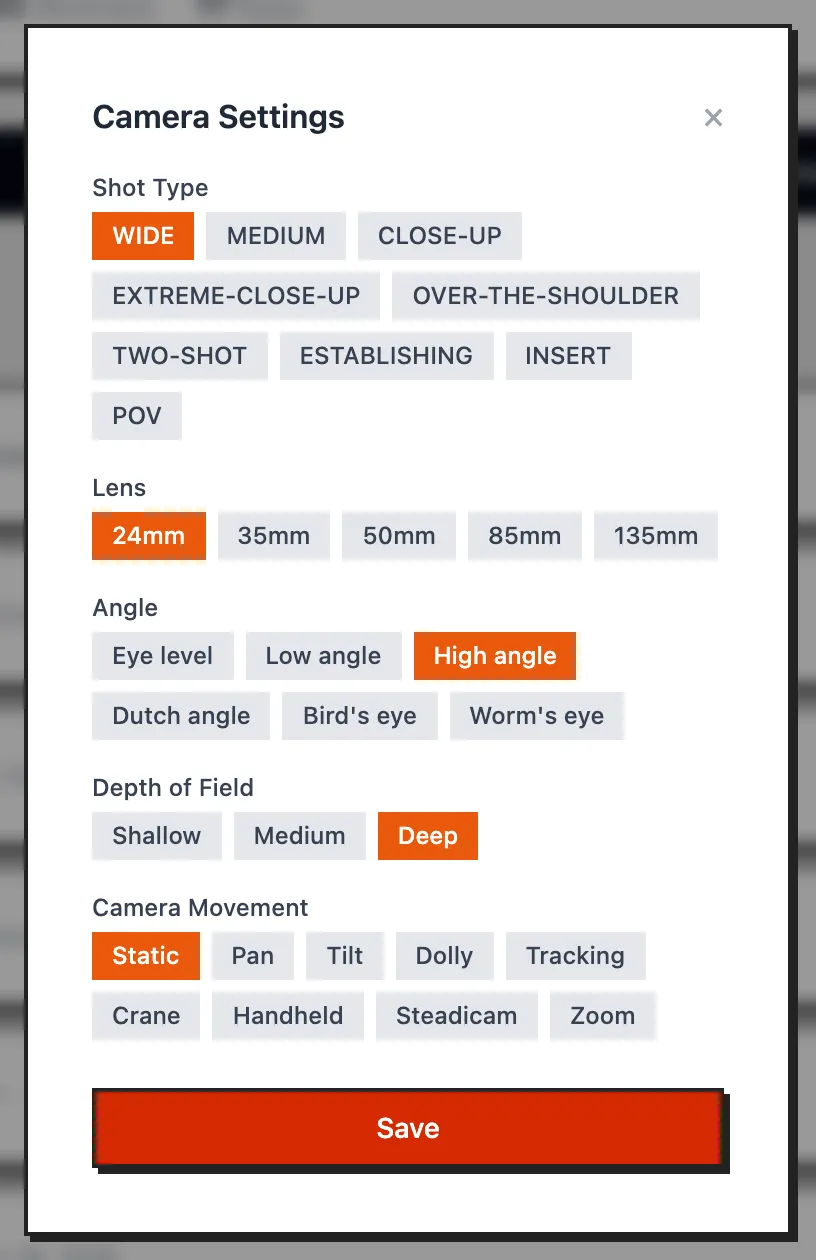 Camera Settings with shot type, lens, angle, depth of field and movement choices