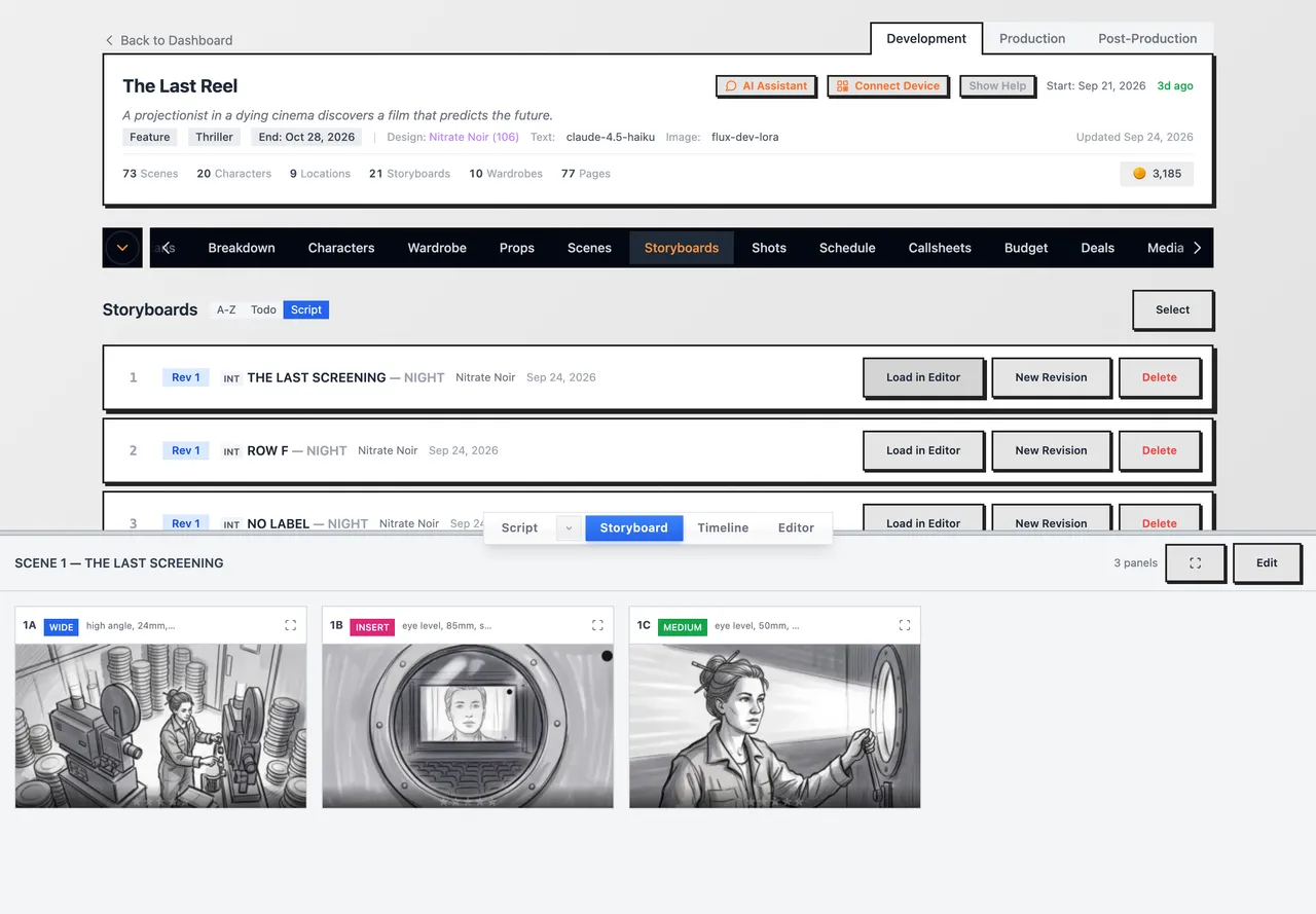 The storyboard dock open under the Storyboards tab, scene one's three panels labelled by shot size and angle