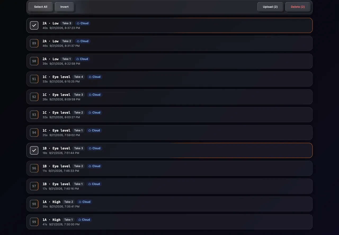 Select mode with two takes picked and the Upload and Delete buttons