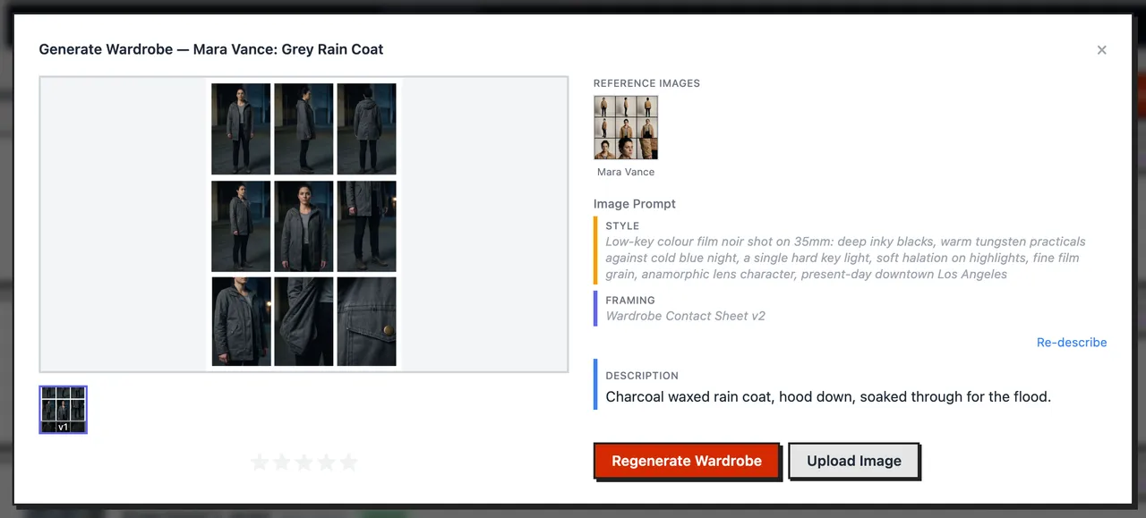 The Generate Wardrobe window for Mara Vance's Grey Rain Coat, with the Generate Wardrobe and Upload Image buttons