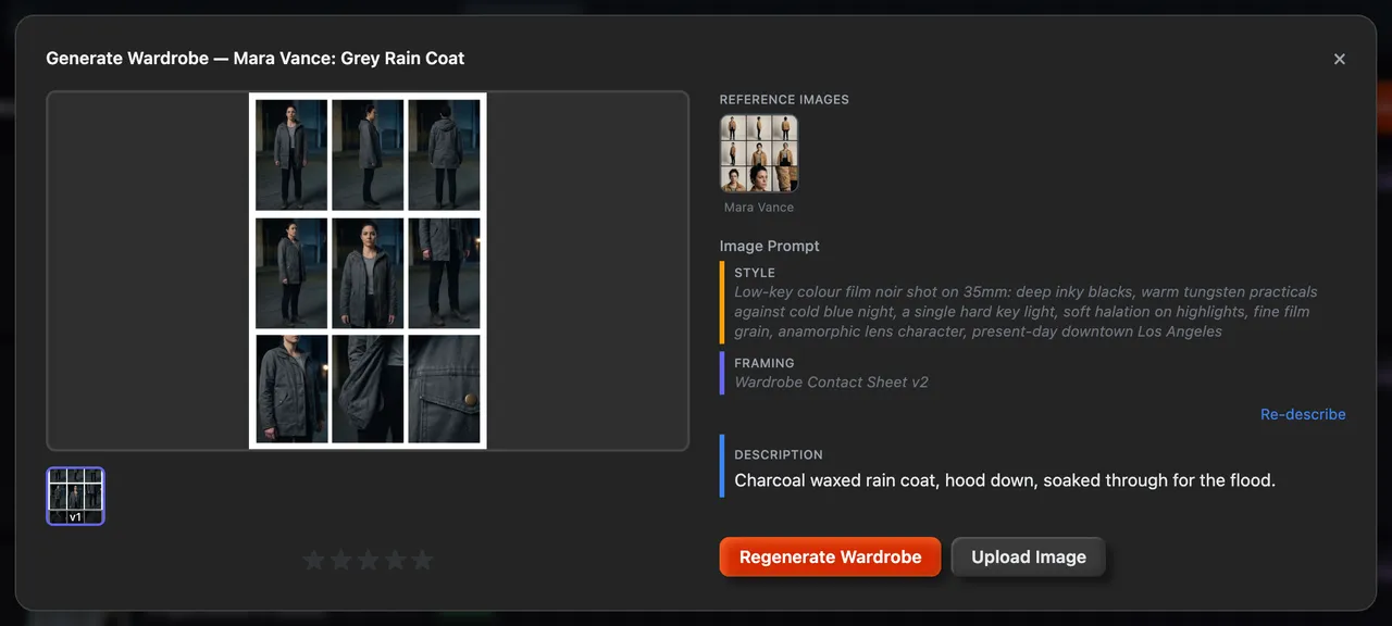 The Generate Wardrobe window for Mara Vance's Grey Rain Coat, with the Generate Wardrobe and Upload Image buttons
